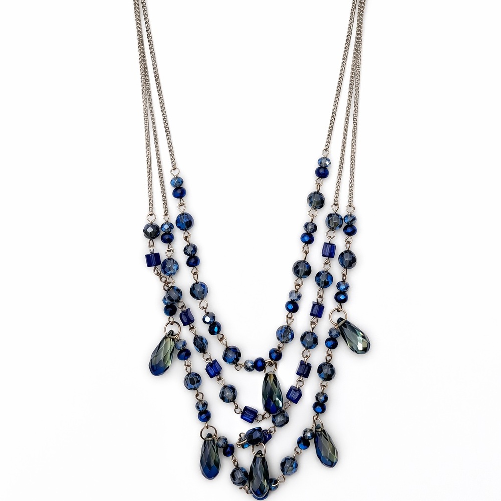 NWT Massini Blue Tones Silver Beaded Layered Long Necklace